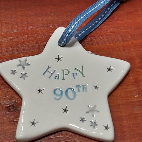 Happy 90th Ceramic Star with Hanging Ribbon Jamali Annay Designs Yorkshire