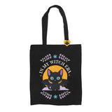 In My Witch Era Bat Cat Tote Bag with Enamel Pin Front