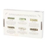 Back of box Sage Smudge Stick Variety Set of 6 Bundles. Cedar Sage, Eucalyptus Blue, Sage Yerba, Santa, White Sage and Rosemary