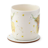 Jan Pashley Highland Coo Cow Porcelain Mug and Coaster Set Side