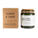Leaves and Linen Soy Wax Woodwick Green Glass Jar Candle with Cork Lid Boxed