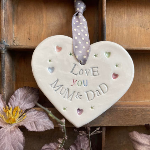 Love You Mum & Dad Ceramic Heart with Hanging Ribbon Jamali Annay Designs
