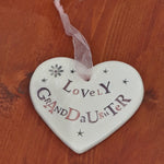 Lovely Granddaughter Ceramic Heart with Hanging Ribbon by Jamali Annay Designs