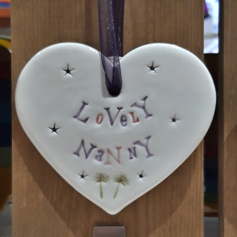 Lovely Nanny Ceramic Heart with Hanging Ribbon