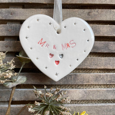 Mr & Mrs Ceramic Heart with Hanging Ribbon by Jamali Annay Designs