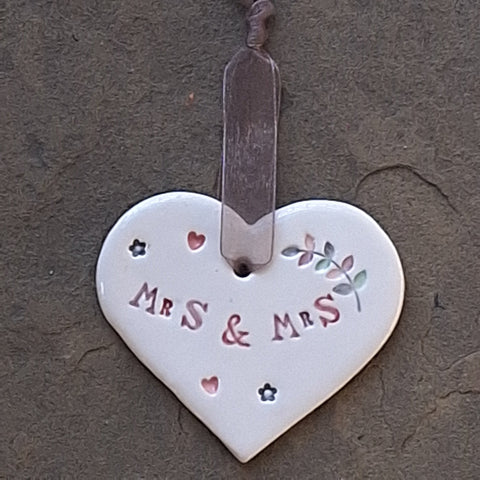 Mrs & Mrs Ceramic Heart with Hanging Ribbon Jamaili Annay Designs