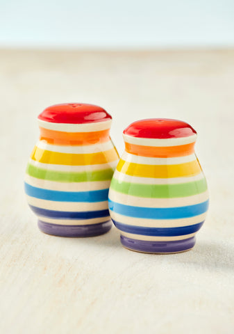 Namaste Salt and Pepper Pots Hand Crafted Rainbow Stripe Ceramic