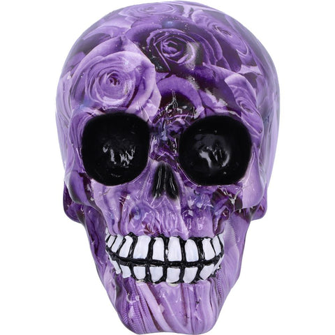 Front facing Purple Romance Rose Print Skull Ornament Nemesis Now D5102R0