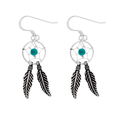 Pair Dreamcatcher with Feathers Silver Hook Earrings