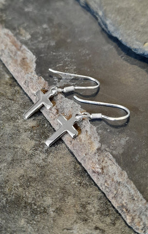Pair of Cross Polished Sterling Silver Hook Earrings Blue Lily Jewellery