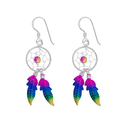 Pair Rainbow Feathers Silver Dreamcatcher Earrings