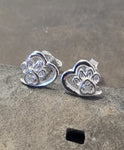 Paw with Heart and Clear CZ Crystal Sterling Silver Stud Earrings front