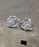 Paw with Heart and Clear CZ Crystal Sterling Silver Stud Earrings front