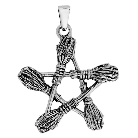 Pentagram Besom Broom Pendant on Silver Chain Necklace