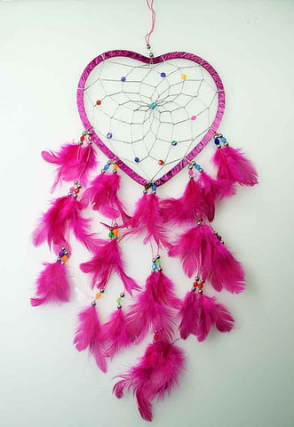 Pink Foil Heart Dreamcatcher with Beads and Feathers