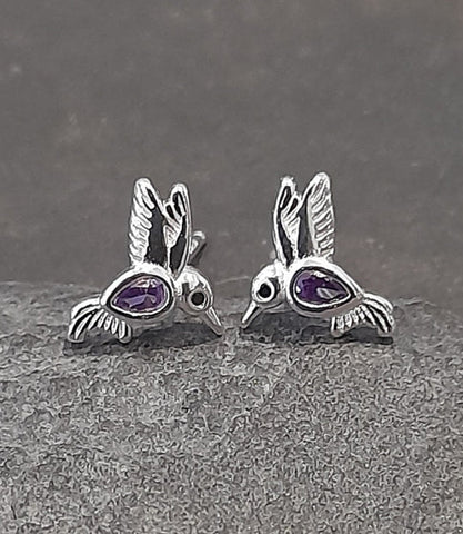 Purple CZ Inset Humming Bird Silver Stud Earrings