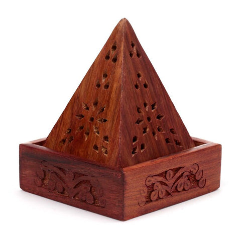Pyramid Sheesham Wood Incense Cone Box Flower Fretwork