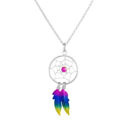 Rainbow Feathers Dreamcatcher on Sterling Silver Necklace