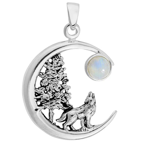 Rainbow Moonstone Forest Wolf Silver Necklace