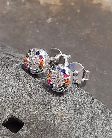 Round 6mm CZ Clear & Multi Coloured CZ Stones Silver Earrings