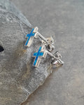 Side on Blue Opal Cross Studs 925 Sterling Silver Stud Earrings