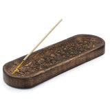 Flower Engraved Wide Wooden Incense Stick Holder showing sticks