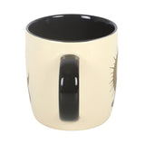 Handle of Sitting Magick Black Cat hint of brown with Moon Stars Ceramic Mug