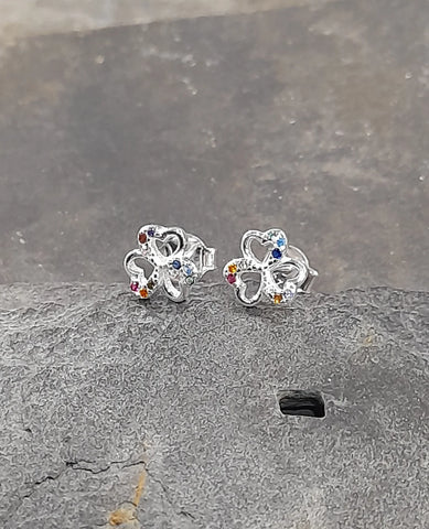 Three Leaf Cover Shamrock CZ Stones Sterling Silver Stud Earrings