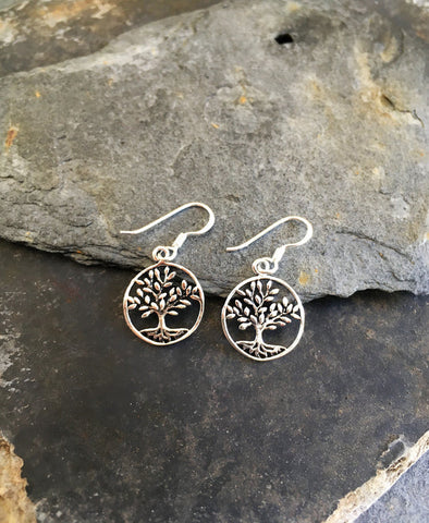 Tree of Life Circle Sterling Silver Hook Earrings Blue Lily Jewellery