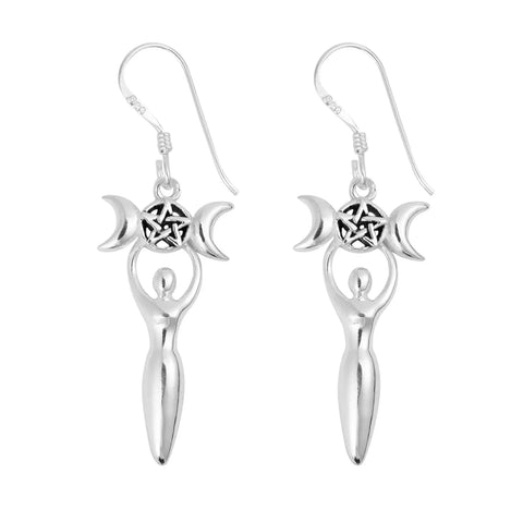Triple Moon Pentacle Goddess 925 Silver Earrings