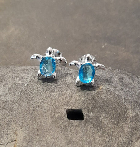 Turtle Sterling Silver Aqua Blue CZ Stud Earrings