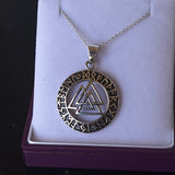 Boxed Viking Valknut Runic Pendant on Silver Chain Necklace Front