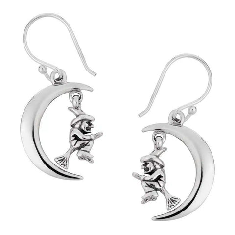 Witch on Broomstick in Crescent Moon Silver Earrings