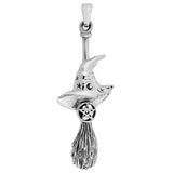 Witches Hat Besom Broom Pentagram Pendant on Silver Necklace