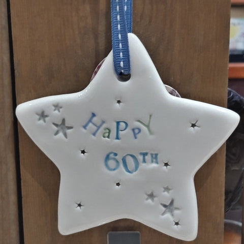 Happy 60th Jamali Annay Designs Ceramic Star with Hanging Ribbon
