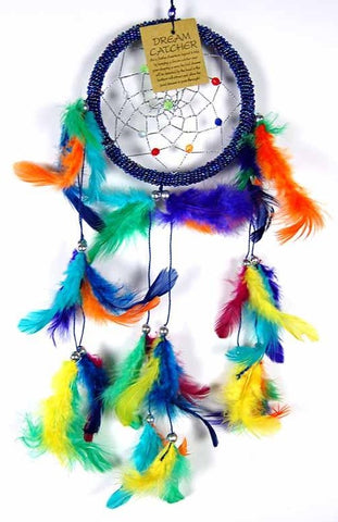 Beaded Turquoise Dreamcatcher with Rainbow Feathers 73684