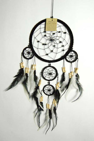 Black Dreamcatcher 4 Circles and feathers at Mystical and Magical