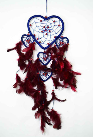 Blue Heart Dreamcatcher 5 Hearts and  Feathers