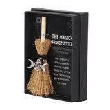 side of Triple Moon Charm on Mini Magick Broomstick in a box at Mystical and Magical Halifax UK