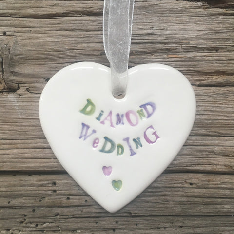 Diamond Wedding Anniversary Ceramic Heart with Hanging Ribbon