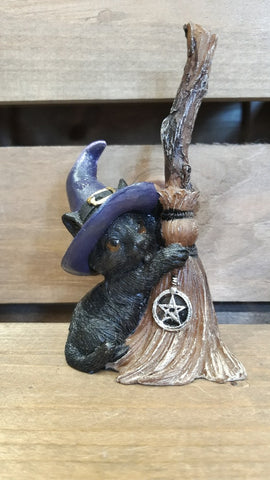 Familiars Broom Guard Witches Cat in purple hat Figurine at Mystical and Magical Halifax UK U5709U1
