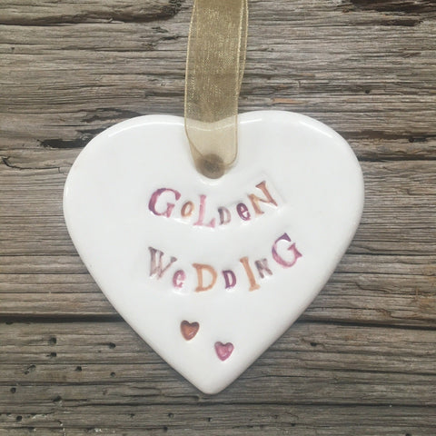 Golden Anniversary Ceramic Heart with Hanging Ribbon