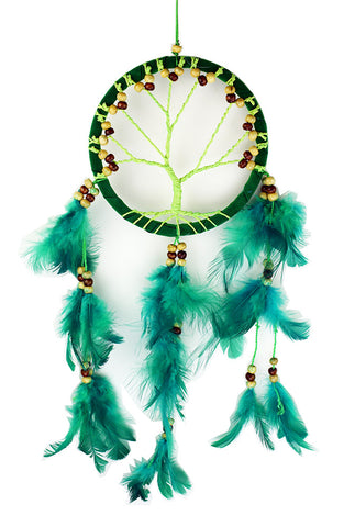 Green Tree of Life Dreamcatcher with Beads and Feathers