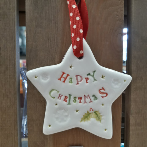 Jamali Annay Design Happy Christmas Ceramic Star with Hanging Ribbon at Mystical and Magical Halifax