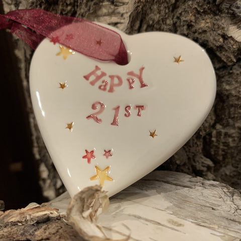 Jamali Annay Happy 21st Birthday Ceramic Heart with Hanging Ribbon 