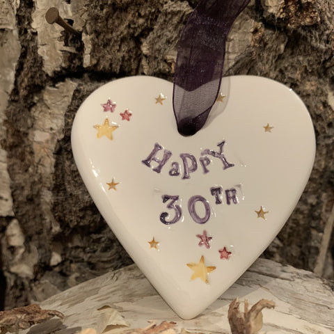 Happy 30th Birthday Ceramic Heart with Hanging Ribbon