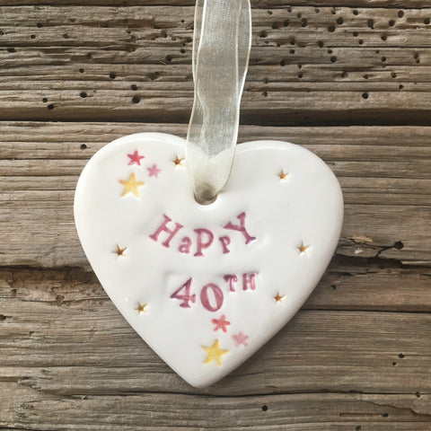 Jamali Annay Happy 40th Birthday Ceramic Heart with Hanging Ribbon