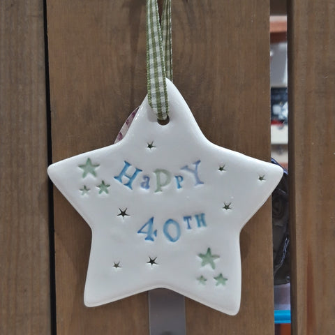 Happy 40th Jamali Annay Designs Ceramic Star with Hanging Ribbon