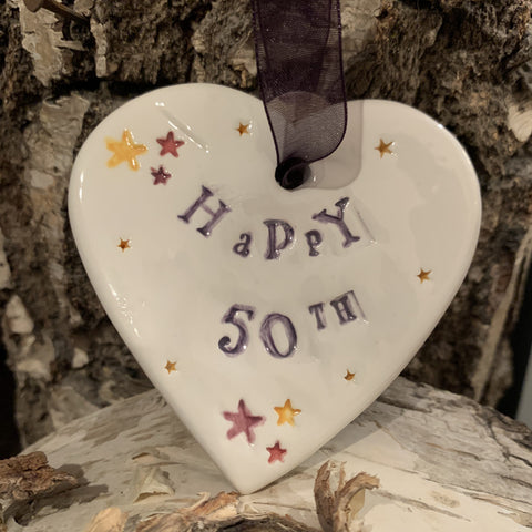 Jamali Annay Happy 50th Birthday Ceramic Heart with Hanging Ribbon