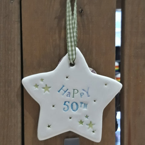 Happy 50th Birthday Ceramic Star with Hanging Ribbon Jamali Annay Designs at Mystical and Magical